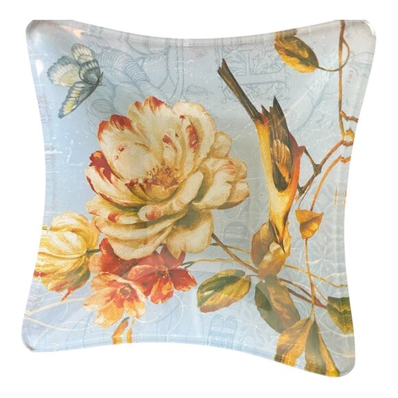 Lisa Audit Glass Trinket Bowls Set Of 3 Turquoise Floral & Bird Design Decorativ - Picture 3 of 4